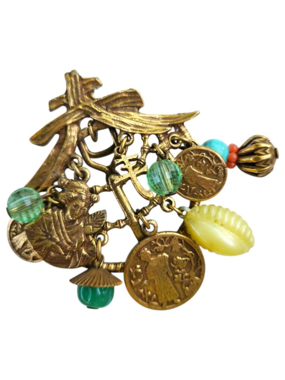 Vintage Asian Motif Charm Pendant Enhancer Pagoda Geisha Dangle Gold Tone